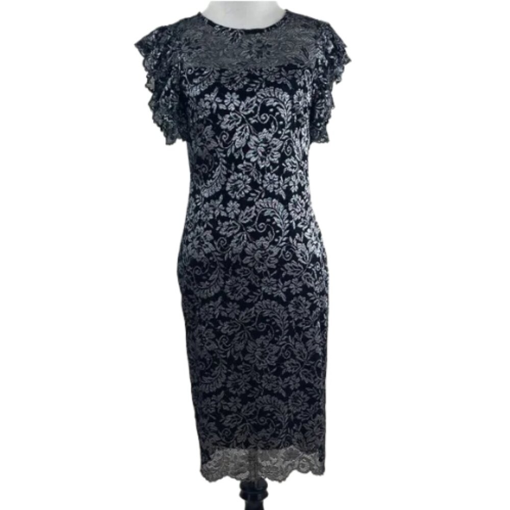 Calvin Klein Black and Silver Floral Metallic Dress 4